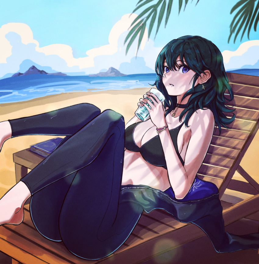 1girl, absurdres, beach, bikini, blue_eyes, bodysuit, breasts, female_byleth_(fire_emblem), cleavage, diving_suit, drink, fire_emblem, fire_emblem:_three_houses, highres, looking_at_viewer, medium_hair, nintendo, rooru_kyaabetsu, solo, swimsuit, unzipped, unzipped_bodysuit, wetsuit, wristband