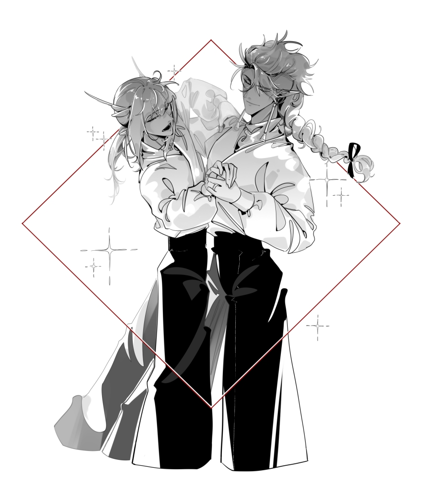 2boys, absurdres, bishounen, braid, braided_ponytail, caleb_(sky:_children_of_the_light), grey_hair, highres