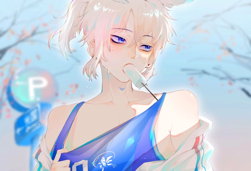 1boy, absurdres, alternate_costume, bare_shoulders, bishounen, blue_eyes, food, grey_hair, highres, ice_cream, jacket, unworn_jacket, lu87168373, male_focus, mimizuku_(sky:_children_of_the_light), mouth_hold, pointy_hair, ponytail, pulling_own_clothes, pulling, sky:_children_of_the_light, solo, white_hair