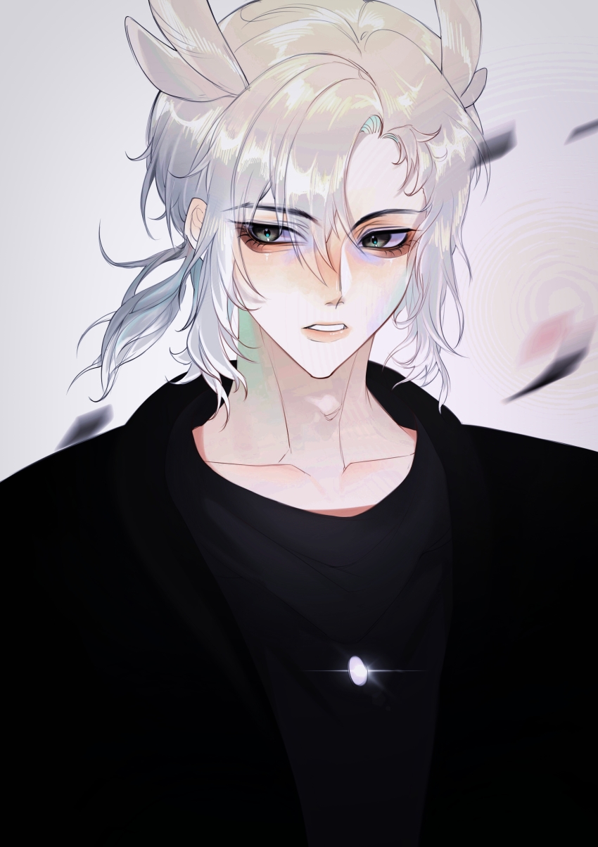 1boy, absurdres, bai_xiao, bishounen, grey_hair, highres, lu87168373, pointy_hair