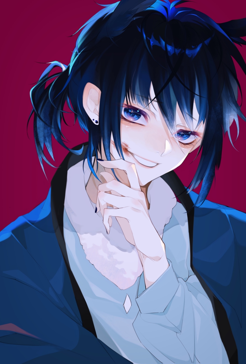 1boy, absurdres, bishounen, black_nails, blood, blood_on_face, blue_eyes, blue_hair