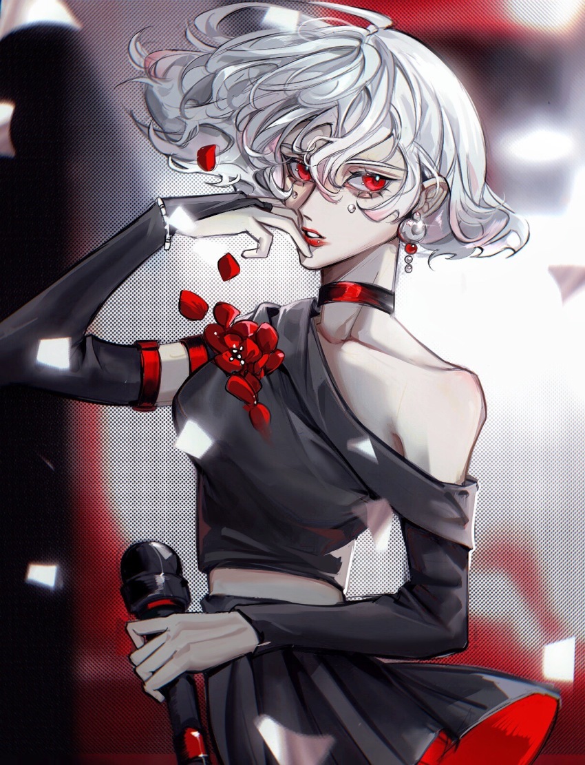 1girl, bob_cut, choker, crop_top, daleth_(sky:_children_of_the_light), earrings, grey_hair, highres, inverted_bob, jewelry, red_choker, red_eyes, short_hair, sky:_children_of_the_light, solo, white_hair, xiaoniaodenanpiao