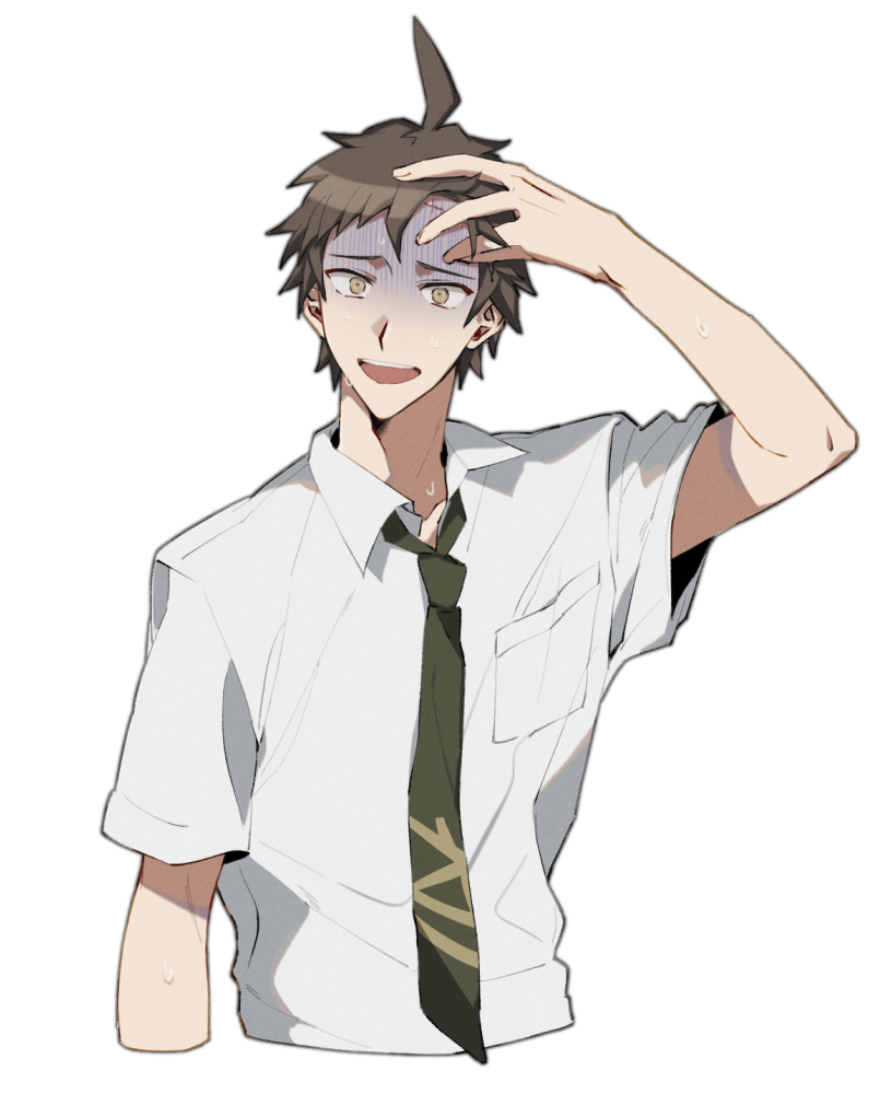 1boy, ahoge, arm_up, breast_pocket, brown_eyes, brown_hair, cropped_torso, danganronpa_(series)