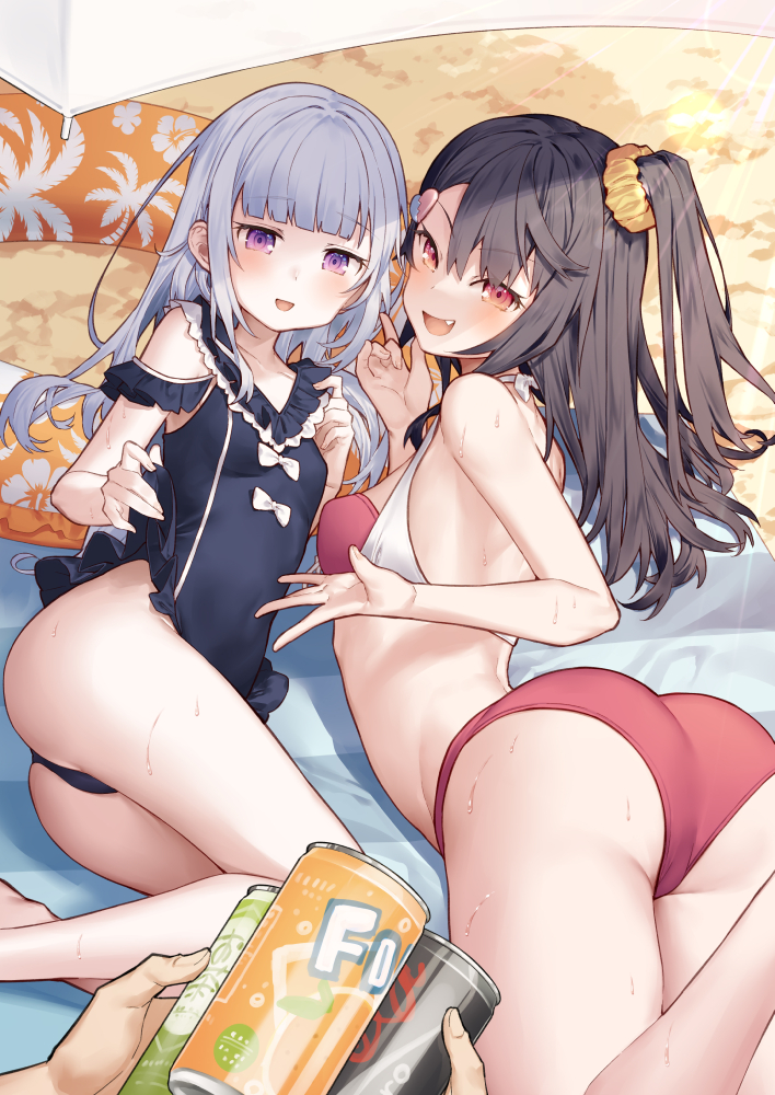 2girls, :d, akizuki_kei, ass, bikini, black_hair, breasts, can, commentary_request, fang, hair_ornament, heart, heart_hair_ornament, holding, holding_can, long_hair, multiple_girls, munakata_hinano, one-piece_swimsuit, open_mouth, original, pov, purple_eyes, red_bikini, red_eyes, sand, small_breasts, smile, sweat, swimsuit, tokuno_yuika, white_hair