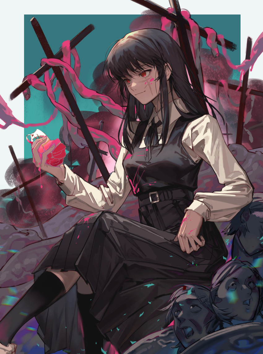 1girl, absurdres, belt, black_dress, black_hair, black_socks, blood, blood_on_clothes