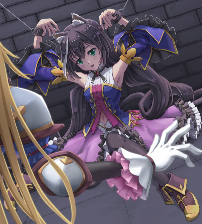 2girls, absurdly_long_hair, animal_ear_fluff, animal_ears, armband, armor, armpits, arms_up