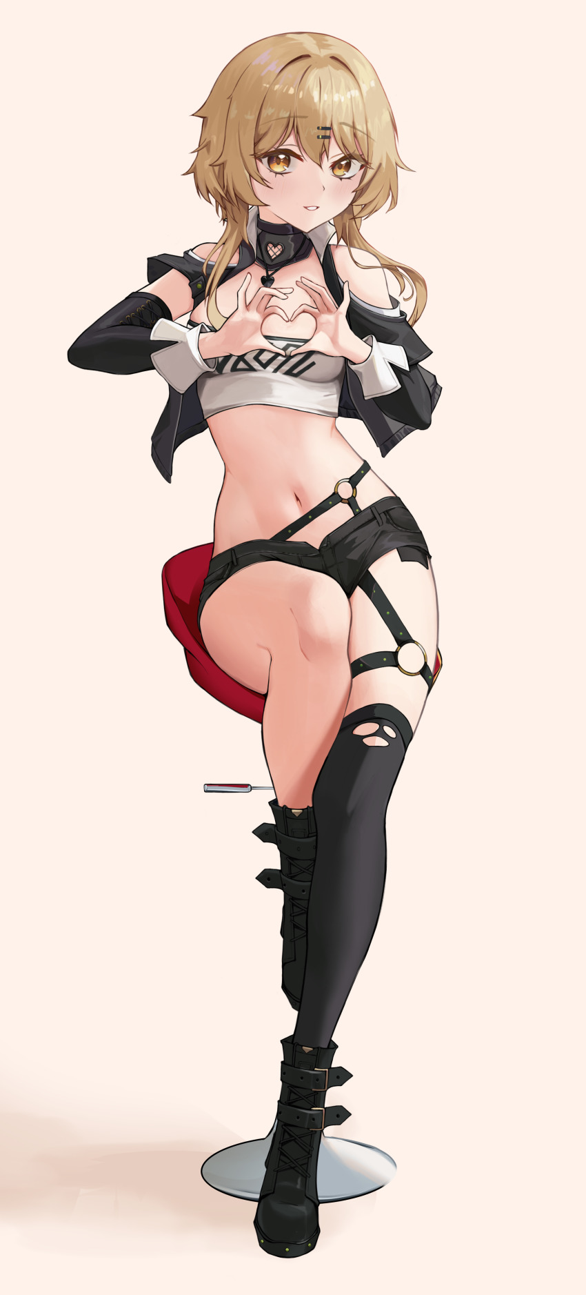 1girl, absurdres, bare_shoulders, black_boots, black_jacket, black_shorts, black_thighhighs, blonde_hair