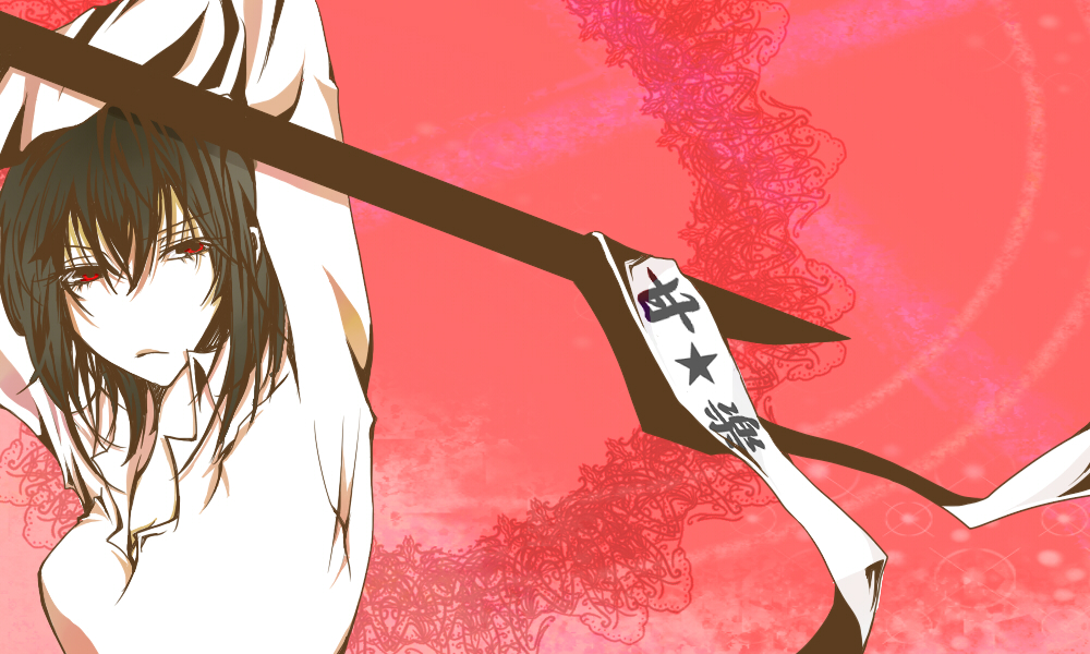 1girl, arms_up, bad_id, bad_pixiv_id, black_hair, bob_cut, breasts, cleavage, doily, durarara!!, female_focus, glaring, marina1217, medium_breasts, no_eyewear, red_eyes, short_hair, solo, sonohara_anri, sword, weapon