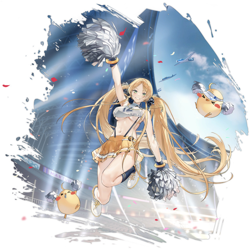 1girl, azur_lane, blonde_hair, breasts, cheerleader, day, dual_wielding, full_body