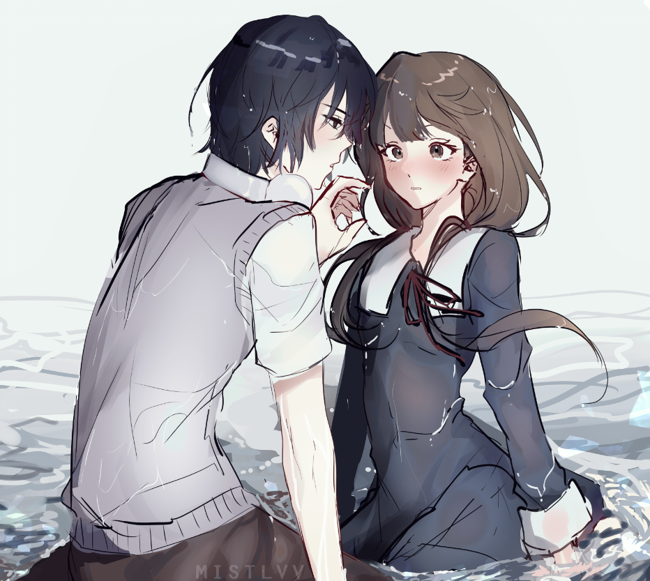 1boy, 1girl, :|, artist_name, black_hair, blue_eyes, blue_hair, blunt_bangs, blush, brown_eyes, brown_hair, choripan, closed_mouth, commentary, cowboy_shot, cuffs, dark_blue_hair, english_commentary, floating_hair, hair_between_eyes, headphones, headphones_around_neck, hetero, iino_miko, ishigami_yuu, jitome, kaguya-sama_wa_kokurasetai_~tensai-tachi_no_renai_zunousen~, kneeling, long_hair, long_sleeves, looking_at_another, low-tied_long_hair, parted_lips, partially_submerged, red_ribbon, ribbon, school_uniform, shirt, short_hair, short_sleeves, shuuchiin_academy_school_uniform, sweater_vest, water, water_world, watermark, wet, white_background, white_headwear, white_shirt