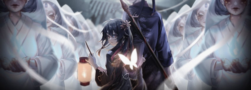 1boy, 1girl, absurdres, black_coat, black_hair, brown_eyes, bug, butterfly