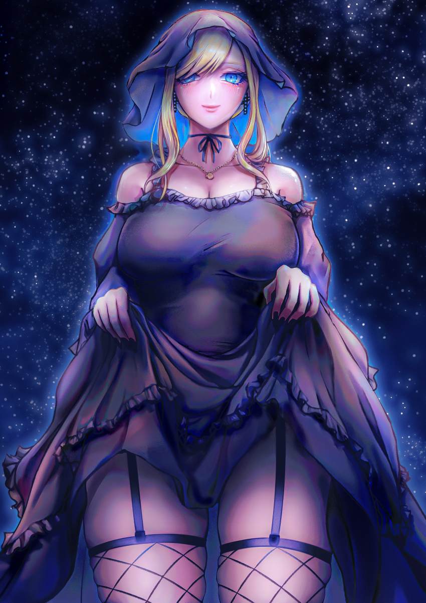 1girl, absurdres, alice_lendrott, black_dress, black_headwear, black_nails, blonde_hair, blue_eyes