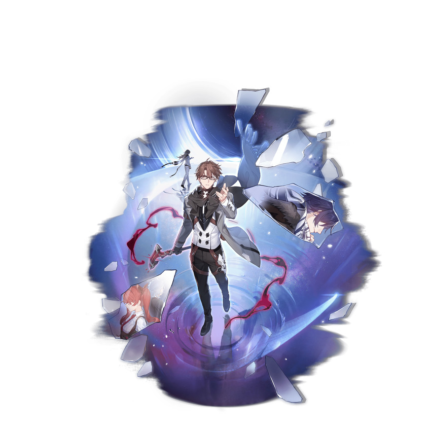 2boys, 3girls, absurdres, brown_eyes, brown_hair, crossover, frederica_nikola_tesla, full_body