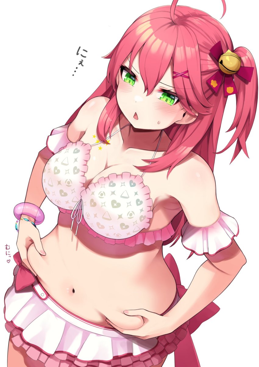 1girl, ahoge, bell, bikini, bikini_skirt, blush, bracelet, breasts