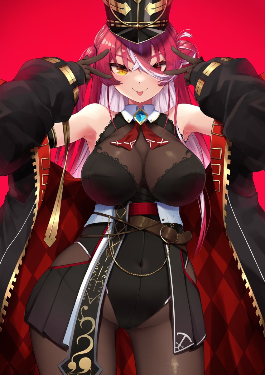 1girl, :p, bare_shoulders, black_coat, black_leotard, bodystocking, breasts, brown_gloves