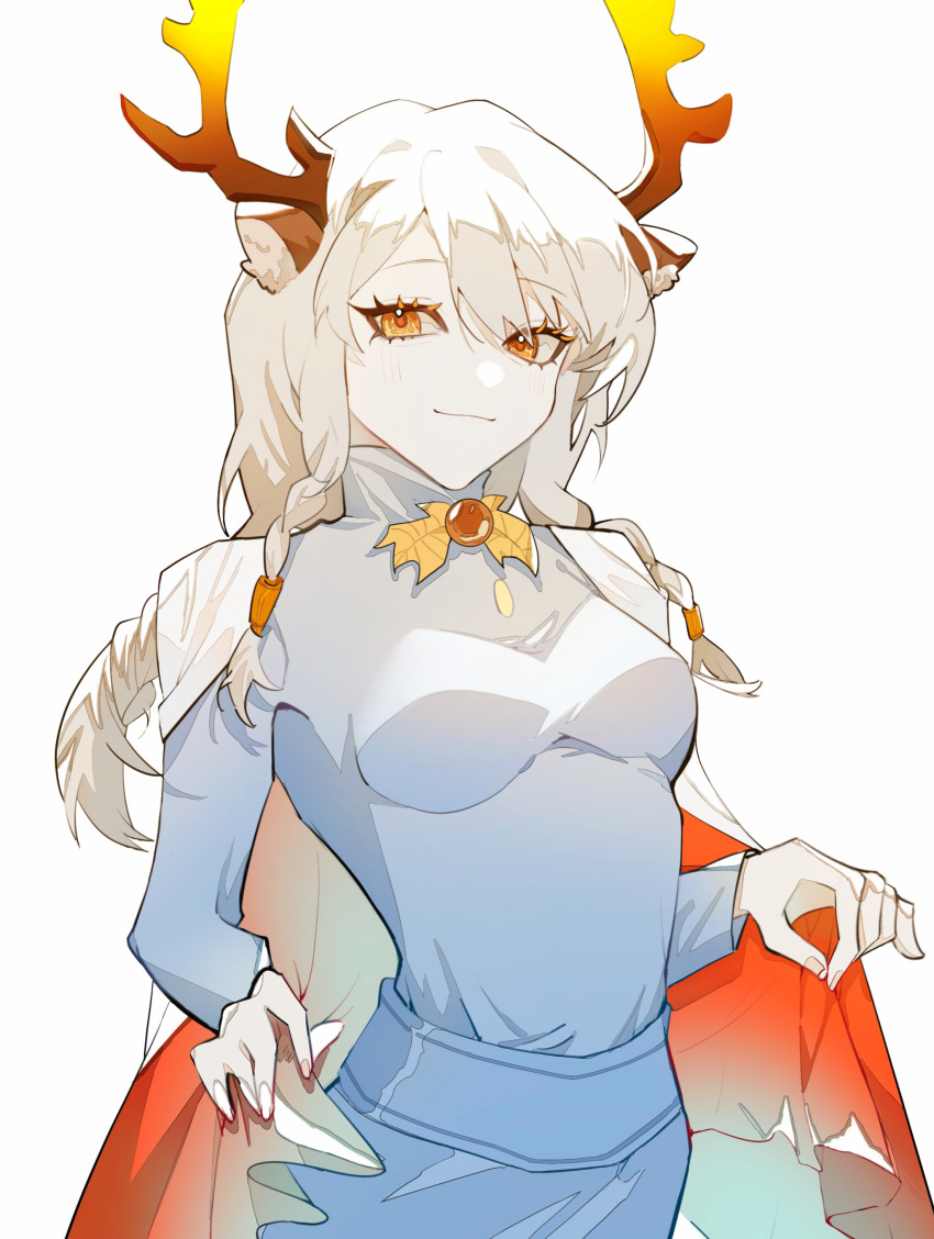 1girl, absurdres, antlers, deer_antlers, deer_girl, fake_antlers, highres, horns, long_hair, looking_at_viewer, low-tied_long_hair, qing7915, sky:_children_of_the_light, solo, timid_bookworm, upper_body, yellow_eyes
