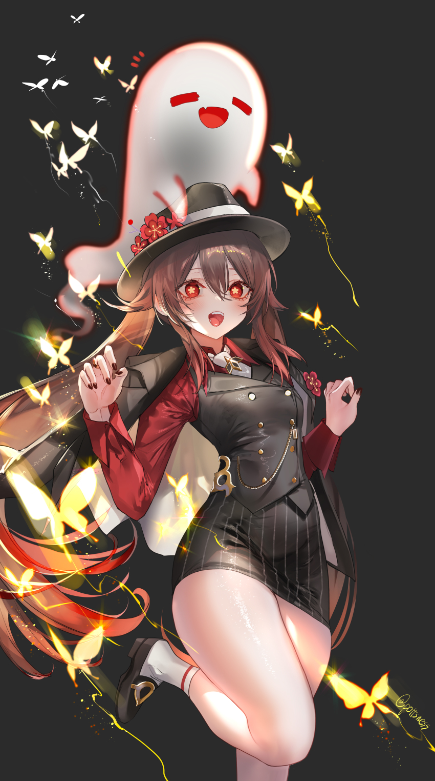 1girl, absurdres, aegyo_sal, alternate_costume, black_background, black_hat, black_skirt, boo_tao_(genshin_impact), breasts, brown_hair, brown_nails, bug, butterfly, buttons, chain, collared_shirt, double-breasted, fedora, flower, flower-shaped_pupils, foot_out_of_frame, genshin_impact, ghost, gold_chain, gradient_hair, hair_between_eyes, hair_flower, hair_ornament, hands_up, hat, highres, hu_tao_(genshin_impact), hu_tao_(oneplus)_(genshin_impact), insect, leg_up, long_hair, long_sleeves, medium_breasts, multicolored_hair, nail_polish, necktie, open_mouth, pencil_skirt, plum_blossoms, pottsness, red_eyes, red_hair, red_shirt, shirt, simple_background, skirt, sleeveless, sleeveless_jacket, socks, solo, standing, standing_on_one_leg, striped_clothes, striped_skirt, symbol-shaped_pupils, teeth, thighs, twintails, twitter_username, upper_teeth_only, very_long_hair, white_necktie, white_socks