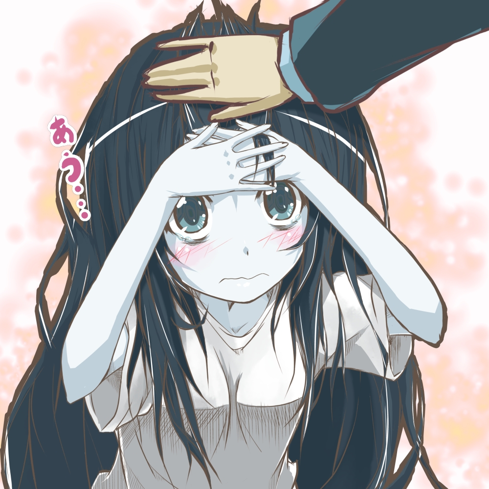 1girl, 1other, alternate_costume, aqua_eyes, arms_up, black_hair, blush, closed_mouth, colored_skin, embarrassed, kuuneru514, long_hair, pale_skin, pink_background, pov, pov_hands, shirt, short_sleeves, t-shirt, the_ring, upper_body, wavy_mouth, white_shirt, yamamura_sadako