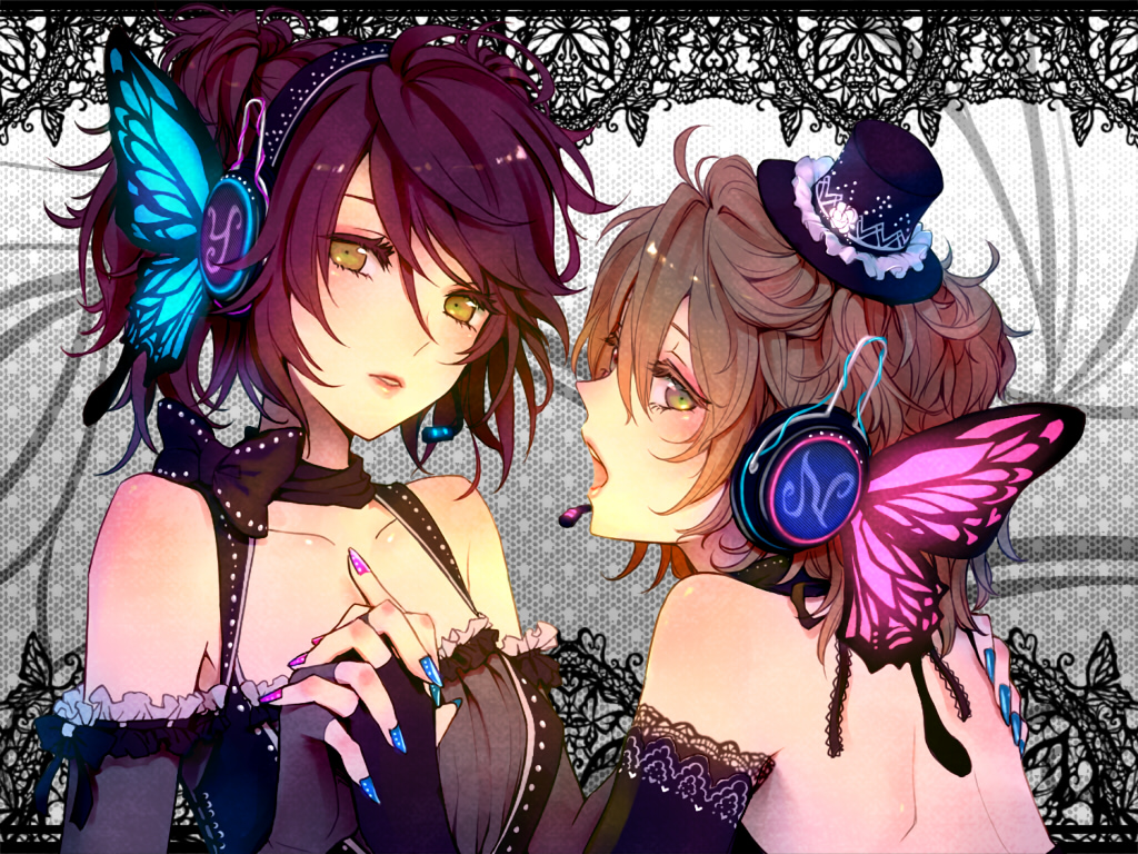 2girls, back, bare_back, bare_shoulders, blue_nails, brown_hair, butterfly_hair_ornament, dress