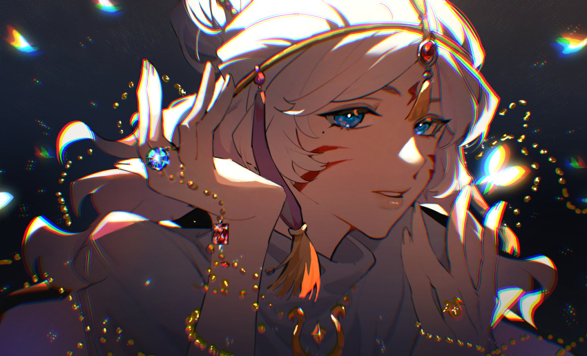 1girl, blue_eyes, chromatic_aberration, circlet, facial_mark, forehead_jewel, hair_ornament, highres