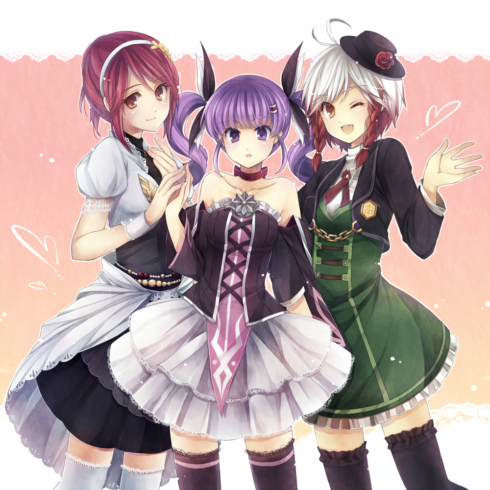 3girls, alternate_costume, bad_id, bad_pixiv_id, braid, brown_eyes, cheria_barnes, cheria_barnes_(innocent_maiden)