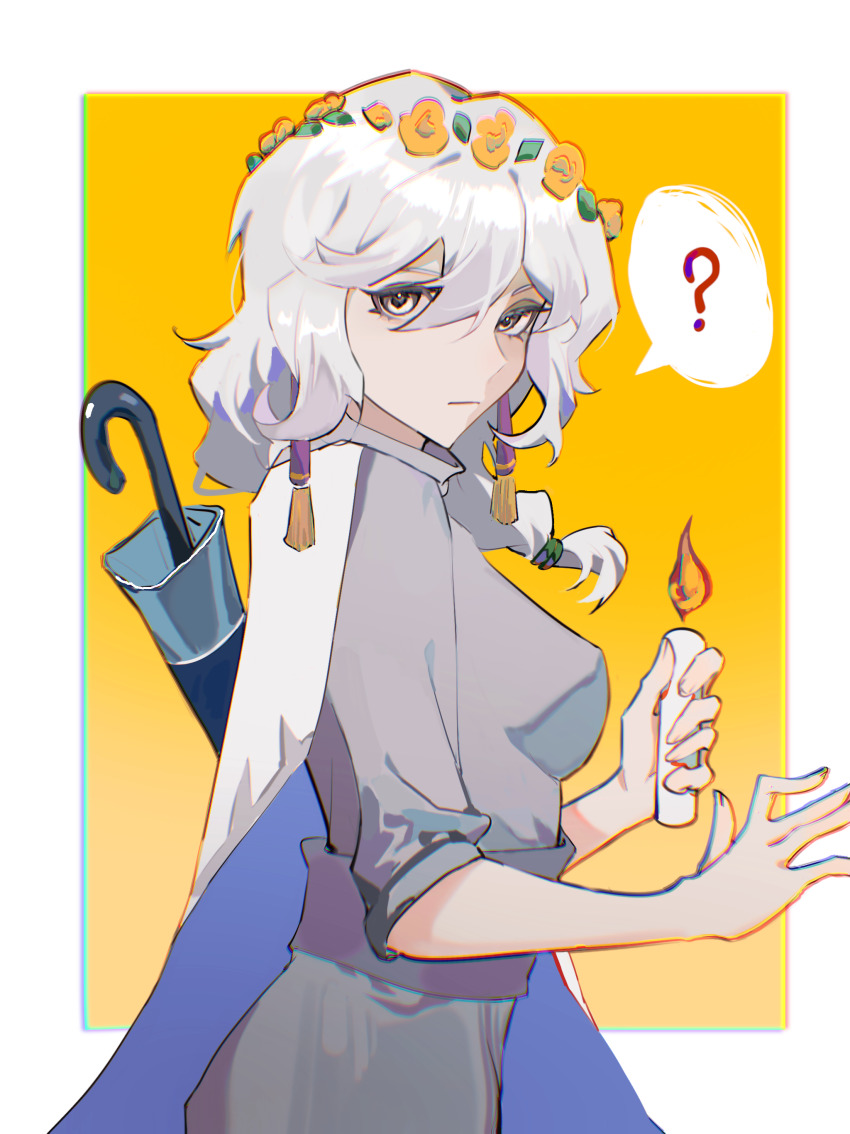 1girl, ?, absurdres, candle, daydream_forester, flower, hair_ornament, highres