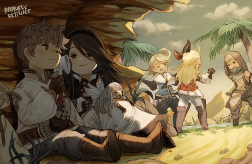 3boys, 3girls, agnes_oblige, airy_(bravely_default), boots, bravely_default:_flying_fairy, bravely_default_(series), desert, edea_lee, fairy, fairy_wings, irono16, jackal_(bravely_default), mini_person, minigirl, multiple_boys, multiple_girls, palm_tree, ringabel, shade, sitting, sweatdrop, tiz_arrior, tree, water, wings, wiping_face