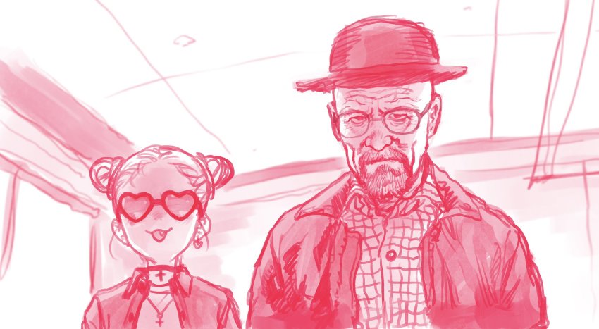 1boy, 1girl, :3, bowl, bowl_hat, breaking_bad, choker, cross
