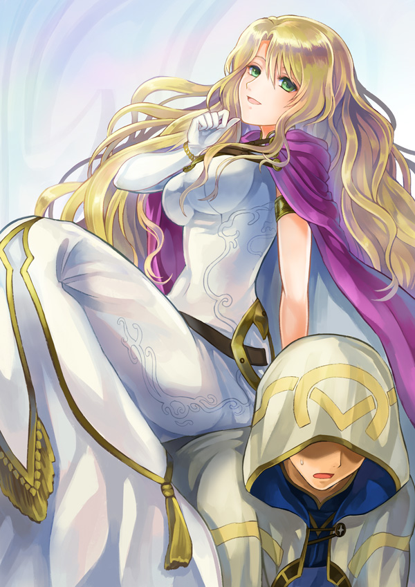 1boy, 1girl, :d, akuru_(akr369akr), armlet, blonde_hair, breasts, cape