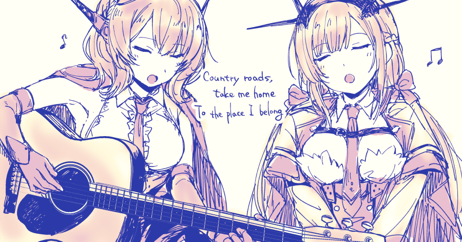 2girls, beamed_eighth_notes, blue_eyes, braid, capelet, colorado_(kancolle), commentary_request, country_roads