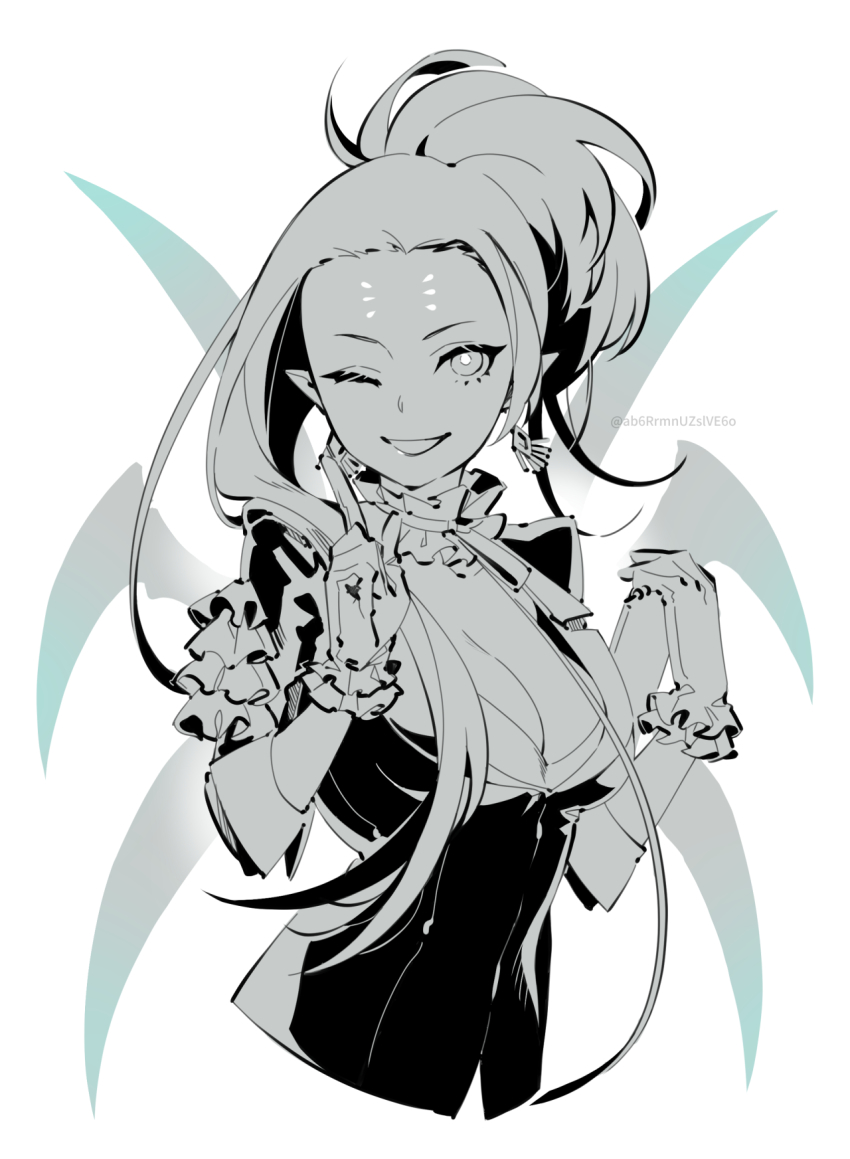 1girl, arachne_(housamo), arthropod_girl, arthropod_limbs, asymmetrical_hair, breasts, choker, cleavage