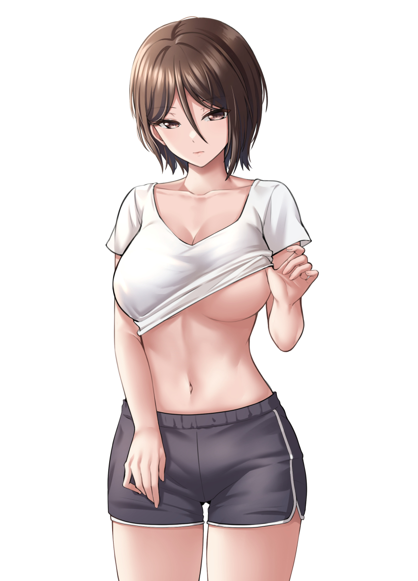 1girl, absurdres, bang_dream!, bang_dream!_girls_band_party!, black_shorts, breasts, brown_eyes, brown_hair, cleavage, closed_mouth, clothes_lift, collarbone, commentary_request, cowboy_shot, dolphin_shorts, fingernails, hair_between_eyes, hand_up, highres, korean_commentary, large_breasts, lifting_own_clothes, looking_at_viewer, mixed-language_commentary, navel, no_bra, ptal, shirt, shirt_lift, short_hair, short_shorts, short_sleeves, shorts, side_slit, side_slit_shorts, simple_background, solo, standing, stomach, underboob, white_background, white_shirt, yashio_rui