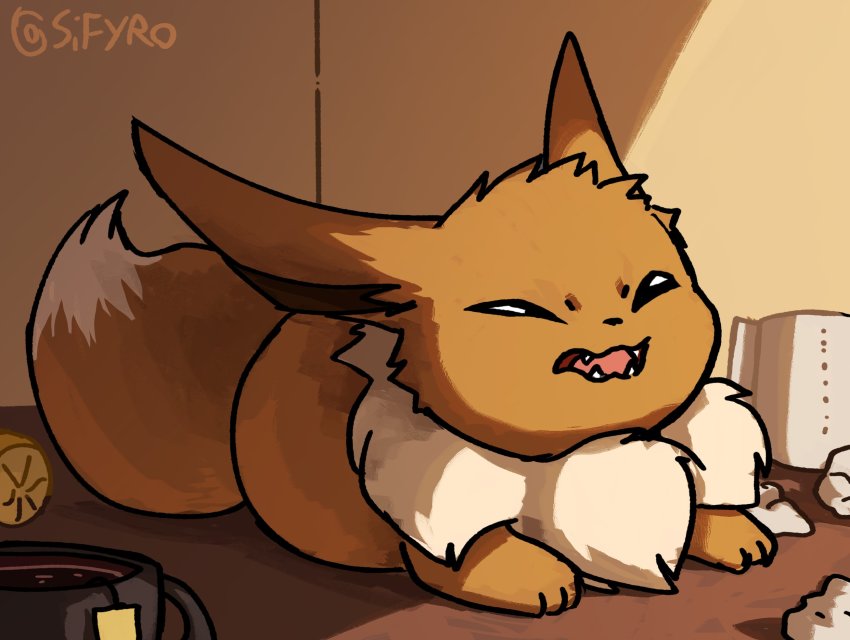 animal_focus, closed_eyes, cup, ears_down, eevee, fang, fangs, food