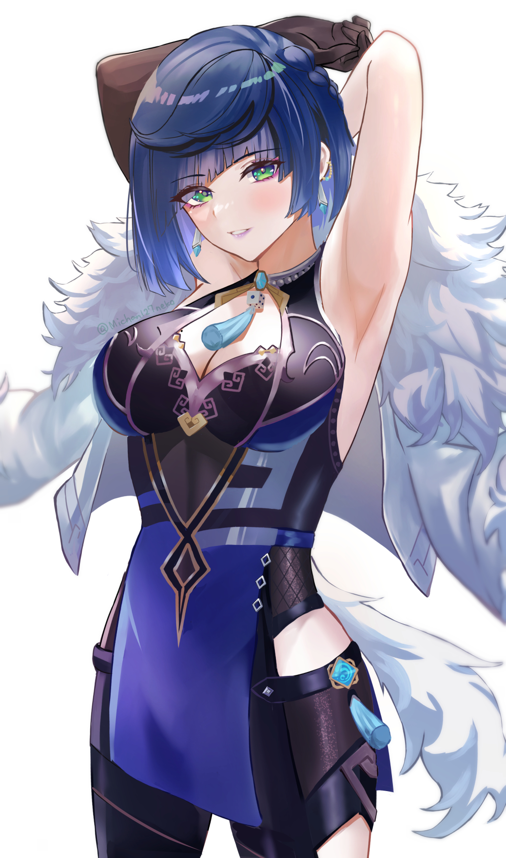 1girl, armpits, arms_up, asymmetrical_gloves, bare_shoulders, bead_choker, blue_dress, bob_cut