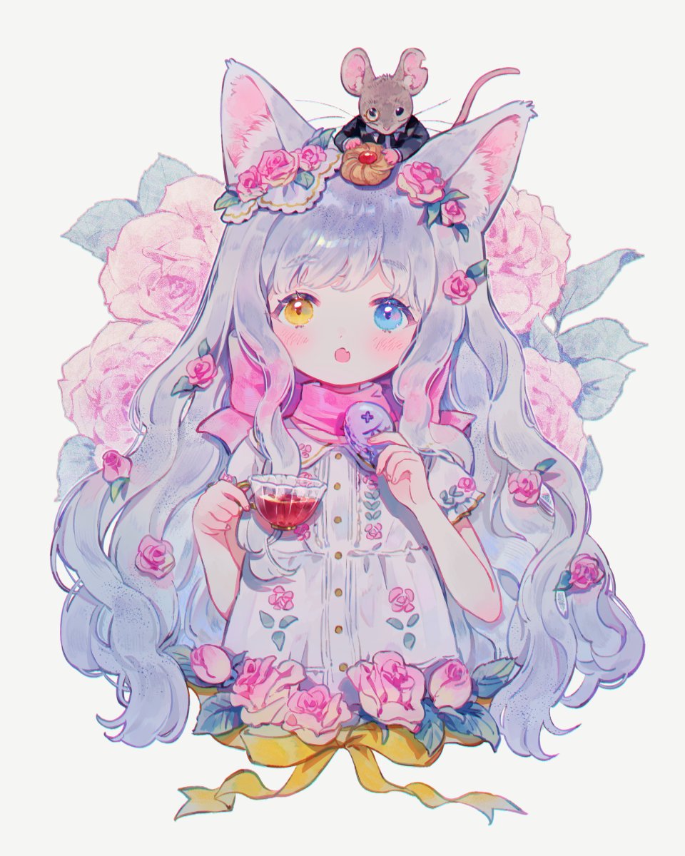 1girl, animal, animal_ear_fluff, animal_ears, animal_on_head, blue_eyes, blush, cat_ears, cat_girl, commentary, conago2, dress, flower, grey_hair, hair_flower, hair_ornament, heterochromia, highres, long_hair, mouse_(animal), on_head, open_mouth, original, pink_flower, pink_scarf, ribbon, rose, scarf, short_sleeves, solo, white_background, white_dress, yellow_eyes, yellow_ribbon