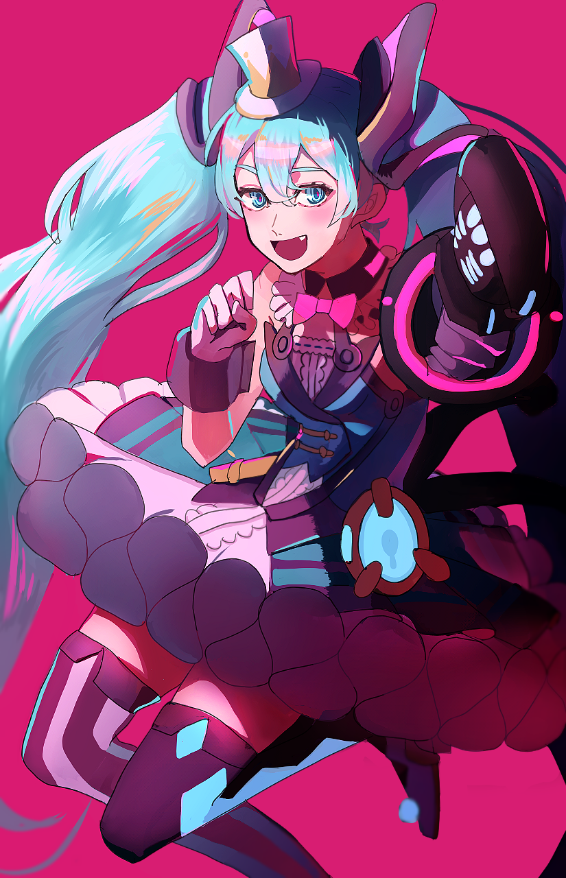 1girl, aqua_hair, black_thighhighs, blue_eyes, bow, bowtie, clenched_hands, dress