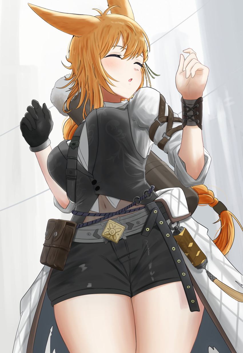 1girl, :o, absurdres, animal_ears, antenna_hair, arknights, black_shorts, black_vest