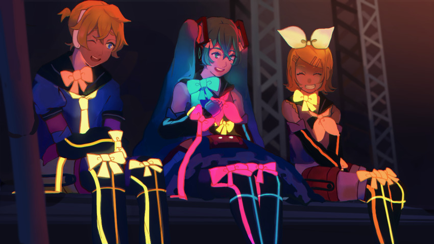 1boy, 2girls, blonde_hair, blue_bow, blue_eyes, blue_hair, bow, closed_eyes, detached_sleeves, dress, flipped_hair, glowing, glowing_clothes, grin, hair_bow, hand_on_own_chest, hatsune_miku, headset, kagamine_len, kagamine_rin, long_hair, magical_mirai_(vocaloid), magical_mirai_len, magical_mirai_len_(2018), magical_mirai_miku, magical_mirai_miku_(2018), magical_mirai_rin, magical_mirai_rin_(2018), multiple_girls, nunosei, one_eye_closed, open_mouth, orange_bow, parted_bangs, pink_bow, ponytail, short_ponytail, sitting, smile, teeth, twintails, upper_teeth_only, very_long_hair, vocaloid, white_bow, yellow_bow