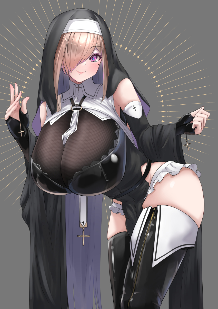 1girl, absurdres, amemiya_arikapu, between_breasts, black_dress, black_thighhighs, blonde_hair, breasts