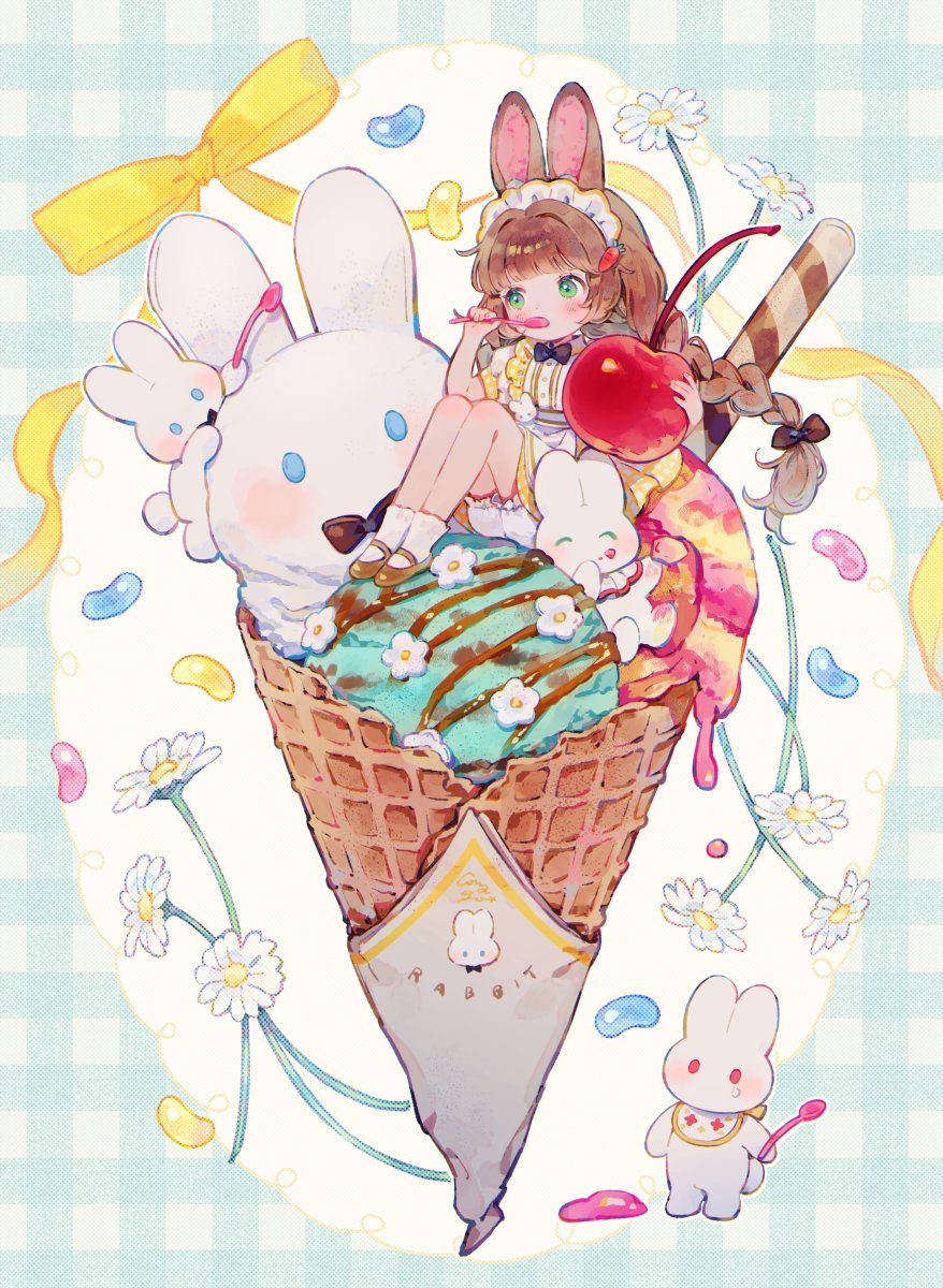 1girl, animal_ears, aqua_eyes, braid, brown_hair, brown_shoes, cherry, commentary