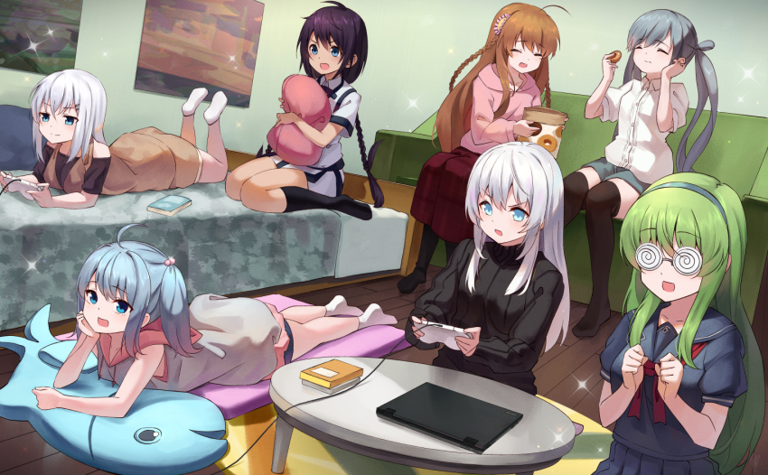 6+girls, :o, ahoge, black_shirt, black_socks, book, braid, brown_hair, character_request, chiffon_macdougall, clenched_hand, closed_eyes, coke-bottle_glasses, controller, couch, donut, food, game_controller, glasses, green_hair, grey_hair, grey_hairband, grey_shorts, hair_bobbles, hair_ornament, hairband, hairclip, hood, hoodie, houjou_ayumi, indoors, kanbe_kotori, kneehighs, long_hair, lying, maji_de_watashi_ni_koi_shinasai!, multiple_girls, hugging_object, on_bed, on_floor, on_stomach, pink_hoodie, poster_(object), red_skirt, rewrite, ryuusei_world_actor, shirt, short_sleeves, shorts, sitting, skirt, socks, table, tagame_(tagamecat), thighhighs, tsujidou-san_no_jun'ai_road, turtleneck, very_long_hair, wariza, white_socks