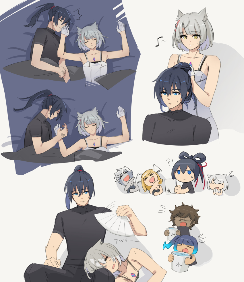 !?, 3boys, 3girls, animal_ears, black_hair, blue_hair, brown_hair, bucket, cat_ears, chest_jewel, dark-skinned_male, dark_skin, eunie_(xenoblade), folding_fan, glasses, gloves, grey_hair, hair_rings, half_gloves, hand_fan, hand_tattoo, head_wings, highres, hot, lanz_(xenoblade), laughing, mio_(xenoblade), multiple_boys, multiple_girls, noah_(xenoblade), npc_(nemui), pointing, ponytail, sena_(xenoblade), side_ponytail, sleeping, sweat, taion_(xenoblade), tattoo, tying_another's_hair, white_hair, wings, xenoblade_chronicles_(series), xenoblade_chronicles_3