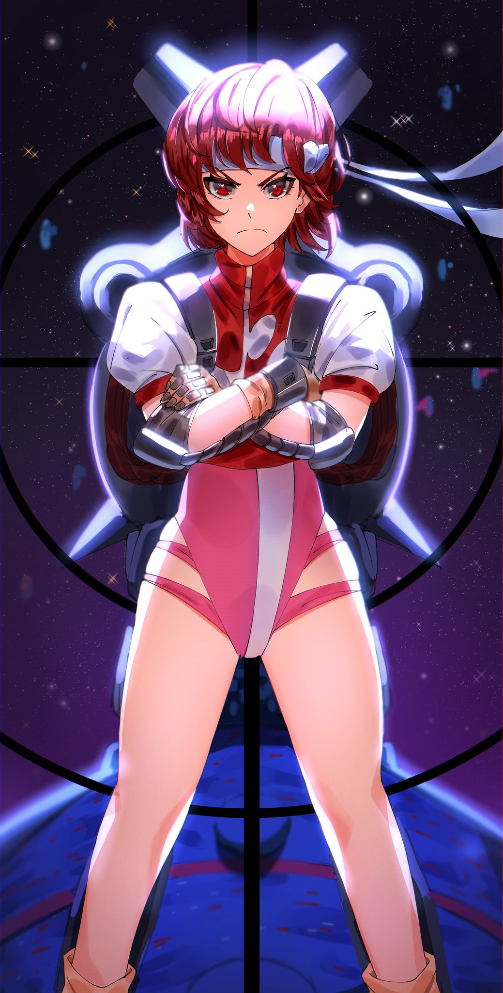 1girl, alternate_hairstyle, bandana, brown_hair, crossed_arms, gunbuster_pose, highres, leotard