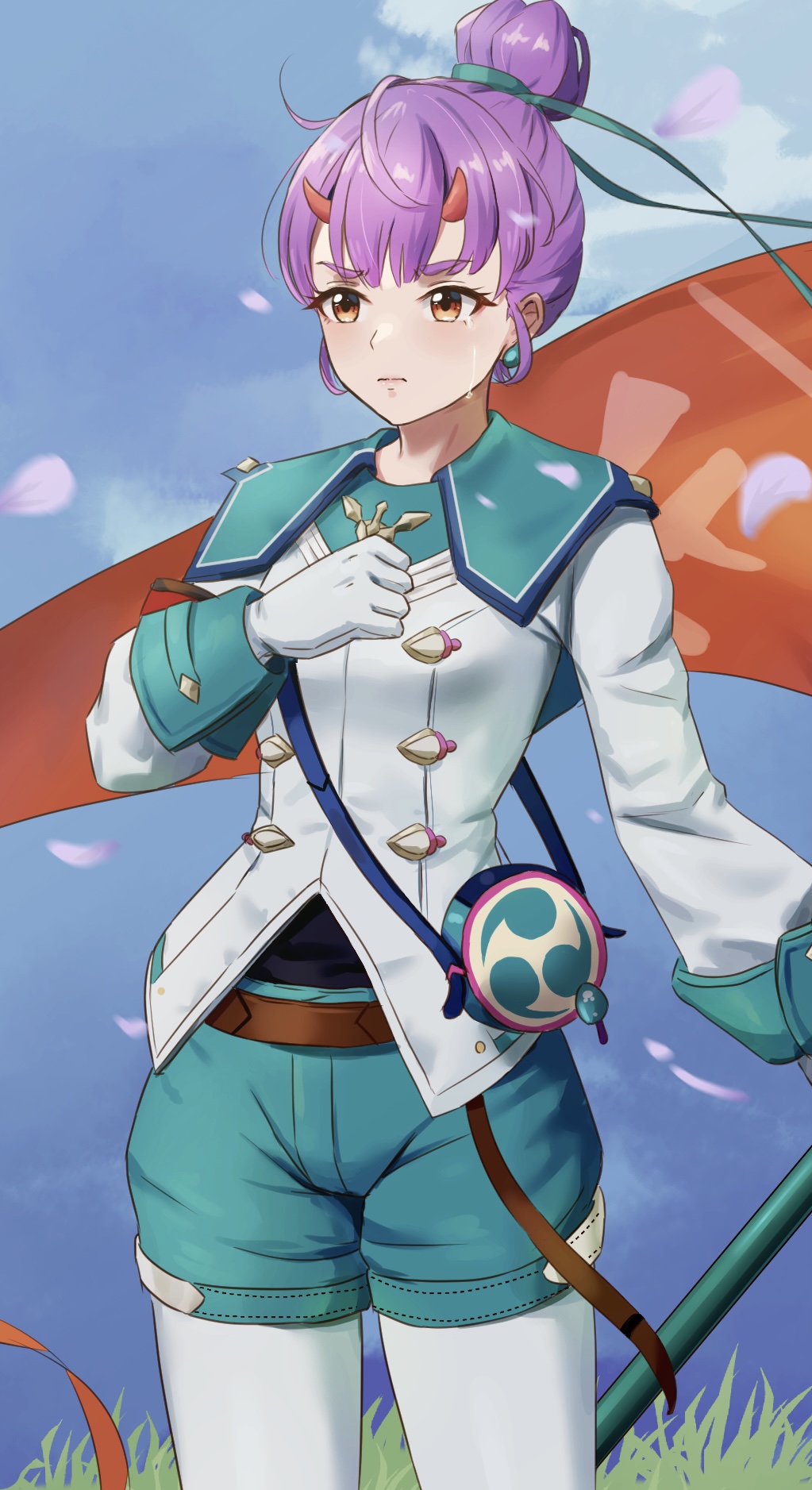 1girl, amayo_thranana, fiona_(xenoblade), gloves, hair_bun, highres, holding, holding_polearm