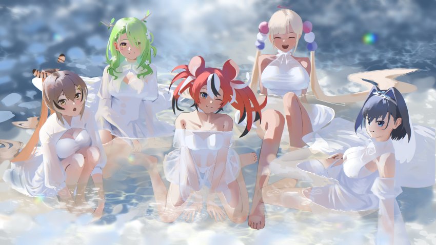 5girls, :d, :o, absurdres, ahoge, animal_ears, antlers, bare_legs