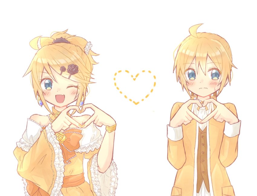 1boy, 1girl, ahoge, aku_no_meshitsukai_(vocaloid), aku_no_musume_(vocaloid), allen_avadonia, aquamarinu, ascot, bare_shoulders, black_flower, black_rose, blonde_hair, blue_eyes, blush, bow, bracelet, brother_and_sister, choker, dress, dress_flower, earrings, embarrassed, evillious_nendaiki, fang, flower, frilled_choker, frilled_dress, frilled_sleeves, frills, hair_between_eyes, hair_bow, hair_ornament, hairclip, heart, heart_hands, highres, jacket, jewelry, kagamine_len, kagamine_rin, looking_to_the_side, nail_polish, nervous, off-shoulder_dress, off_shoulder, one_eye_closed, orange_bow, riliane_lucifen_d'autriche, rose, siblings, skin_fang, smile, strapless, strapless_dress, swept_bangs, twins, vocaloid, wavy_mouth, wide_sleeves, yellow_bow, yellow_choker, yellow_dress, yellow_flower, yellow_jacket, yellow_nails, yellow_rose