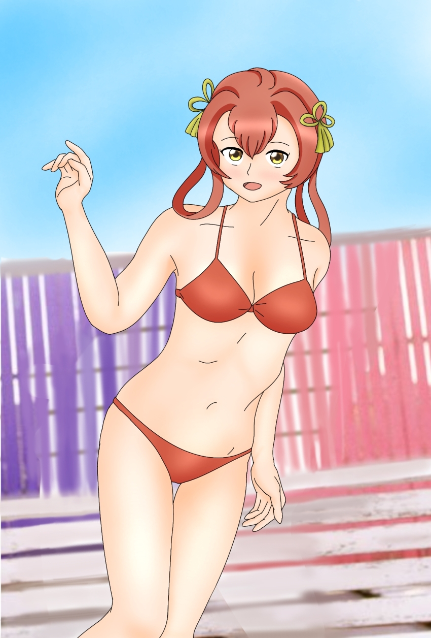 1girl, bikini, blue_sky, breasts, brown_bikini, brown_hair, cleavage, highres, hiroshima-tan, open_mouth, sky, swimsuit