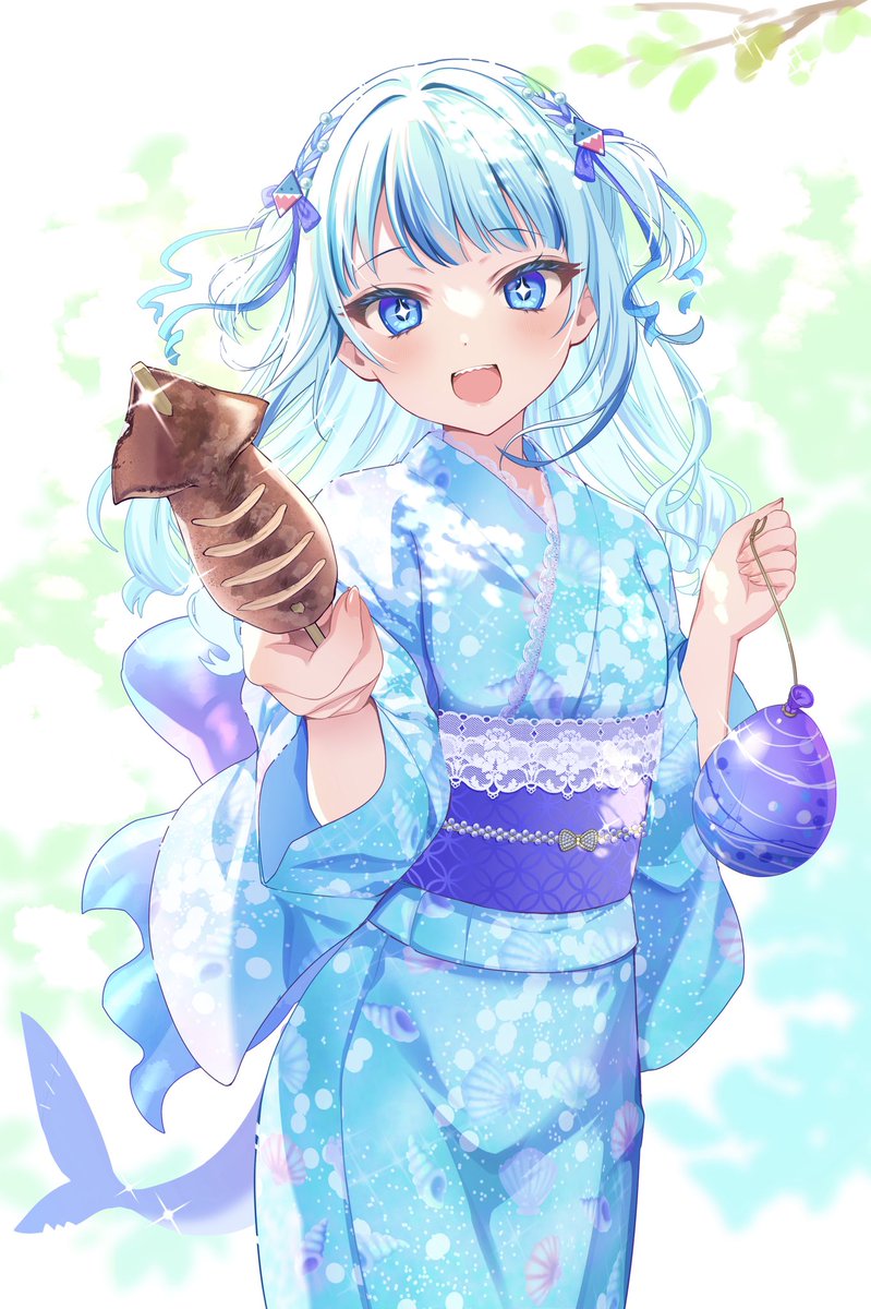 1girl, animal_hair_ornament, artist_request, balloon, blue_eyes, blue_hair, blue_kimono, blush