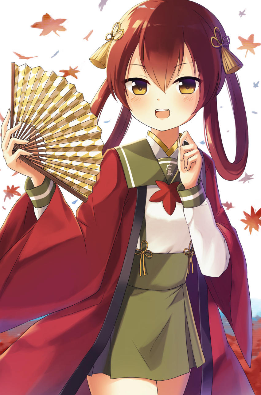 1girl, absurdres, brown_hair, fan, green_skirt, highres, hiroshima-tan, open_mouth, school_uniform, skirt, yellow_eyes