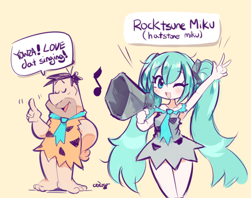 1boy, 1girl, aqua_eyes, aqua_hair, aqua_necktie, arm_up, bare_arms, bare_legs, bare_shoulders, barefoot, black_hair, blush, ceroro, closed_eyes, collarbone, eighth_note, english_text, fred_flintstone, hatsune_miku, highres, long_hair, megaphone, musical_note, necktie, open_mouth, pale_skin, parody, polka_dot, short_hair, signature, smile, speech_bubble, spoken_musical_note, the_flintstones, twintails, very_long_hair, vocaloid, w